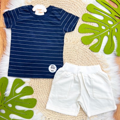 Conj. Camiseta Listrada Surf Trip e Bermuda - Marinho e Off White
